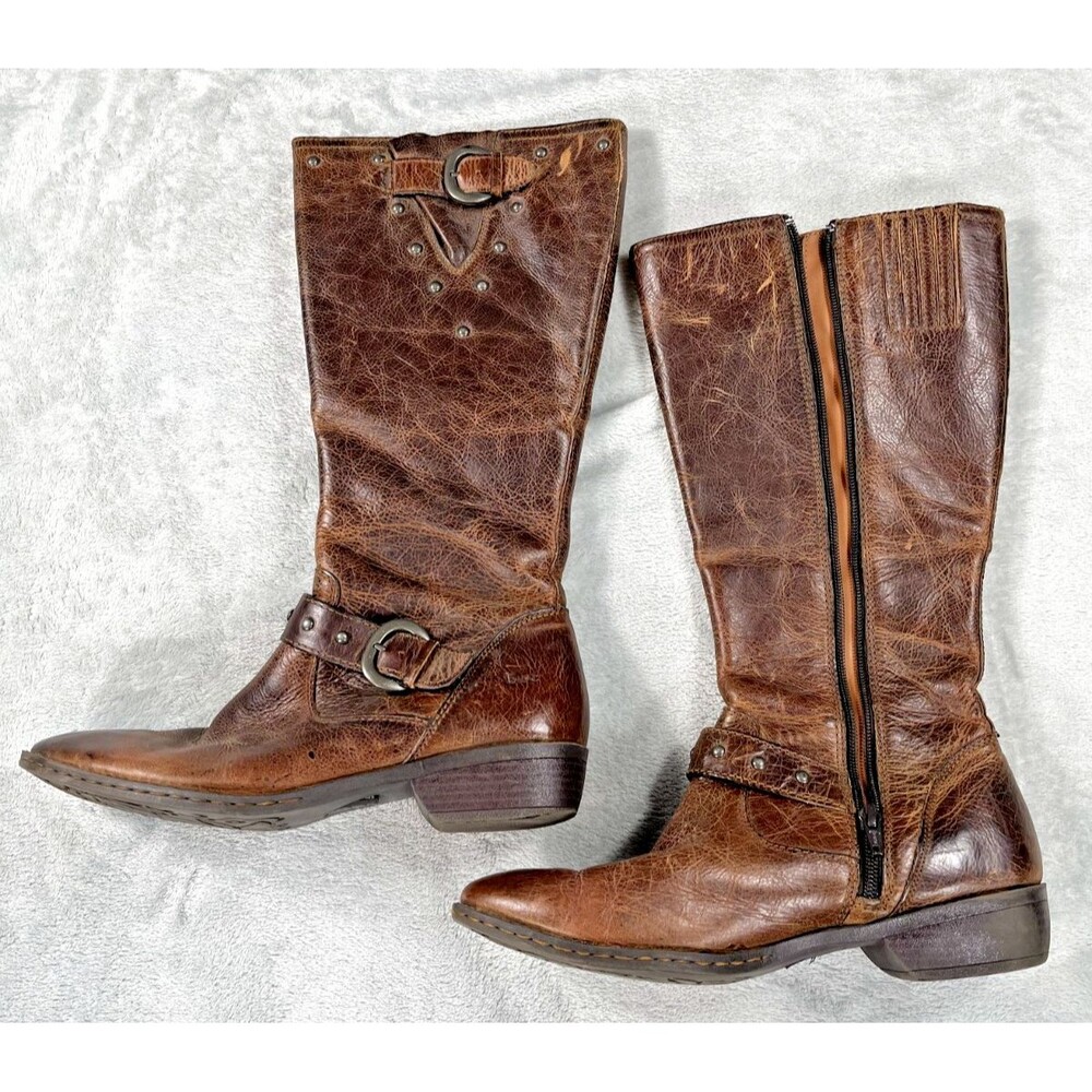b.o.c. Born Womens 10 Brown Leather Tall Riding Boots Distressed Strap Buckle